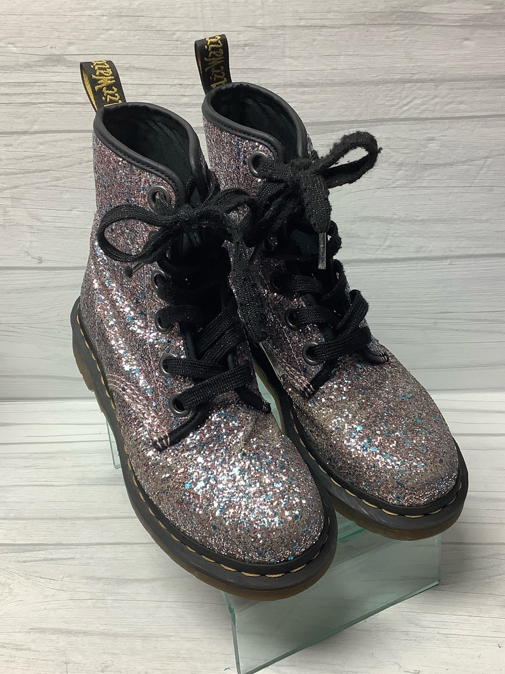 Dr. Martens Pink Glitter Lace-Up Combat Boots - Picture 2 of 11